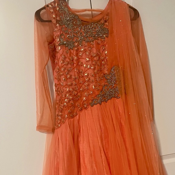 Gorgeous Peach coral Soft  Net  Partywear Gown for kids 10 to 13 - Picture 4 of 5